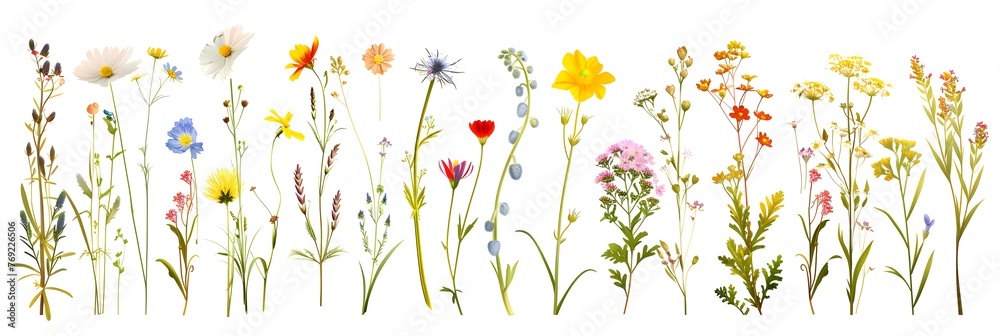 Set of wild flowers, flowering grass, natural field plants, color floral elements, beautiful decorative floral composition isolated on white background, macro, flat lay, top view. 