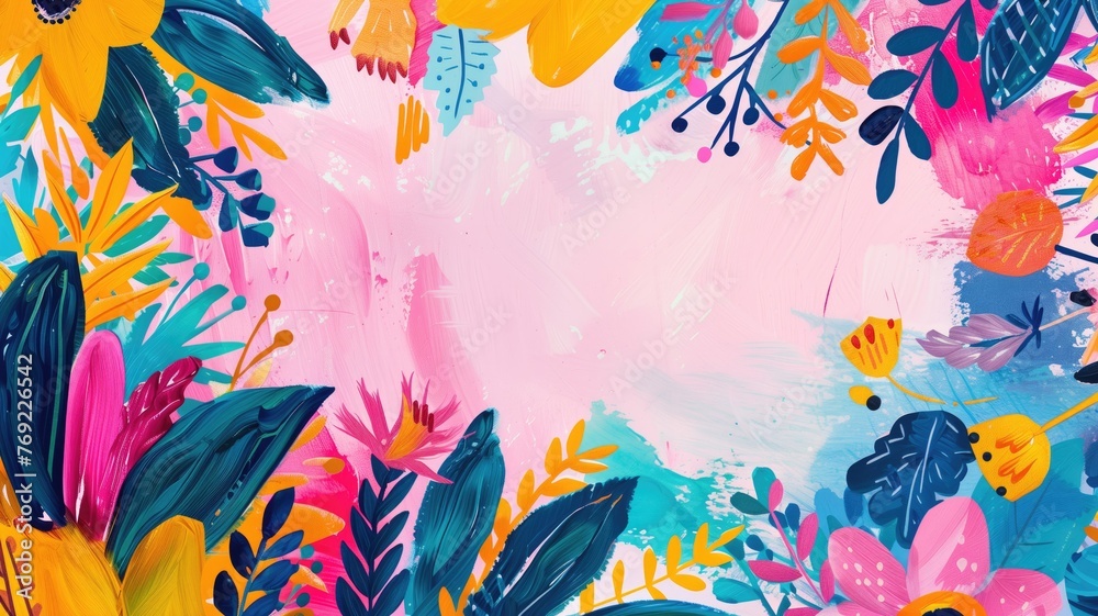 Vibrant abstract floral painting with a mix of pink, blue, and yellow hues. Vibrant abstract floral painting with a mix of pink, blue, and yellow hues.