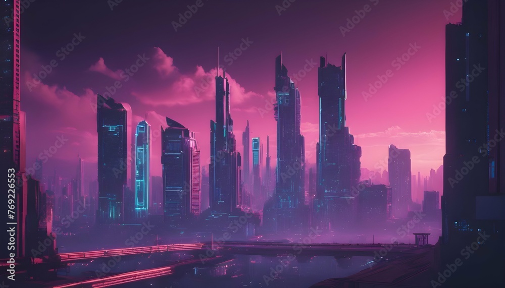 Futuristic City Skyline Synthwave Colors Neurocy