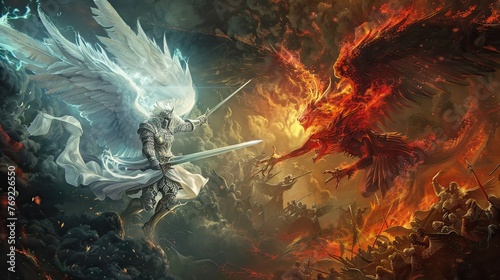 Epic Battle in Heaven as in the Book of Revelation: Saint Michael the Archangel Defeats Satan the Dragon