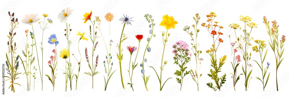 Set of wild flowers, flowering grass, natural field plants, color floral elements, beautiful decorative floral composition isolated on white background, macro, flat lay, top view. 