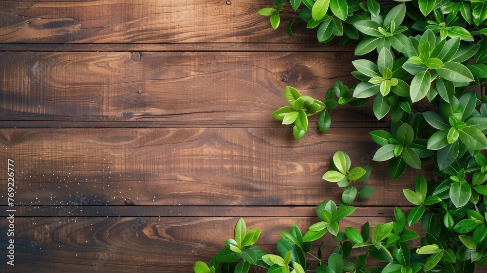 Lush green leaves on a rich, dark wooden background with visible natural textures. Lush green leaves on a rich, dark wooden background with visible natural textures.