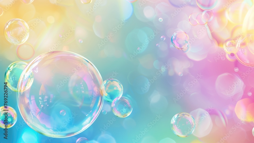 Colorful background with floating iridescent soap bubbles of varying sizes on a blurred multicolored backdrop. - obrazy, fototapety, plakaty 