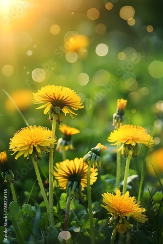 Beautiful flowers of yellow dandelions in nature in warm summer or spring on meadow in sunlight, macro. Dreamy artistic image of beauty of nature. Soft focus.  © Ziyan