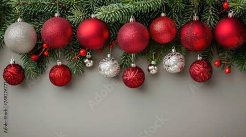 Festive Christmas Border with Red and Silver Balls Hanging in Fir Garland