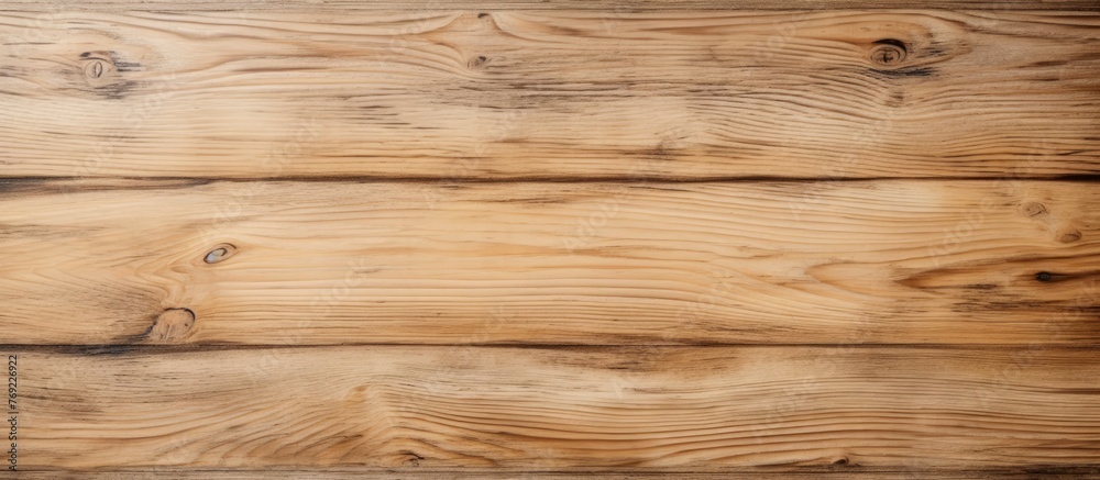 Fototapeta premium A detailed shot of a brown hardwood plank table, showcasing the natural wood grain and texture, set against a blurred beige flooring background