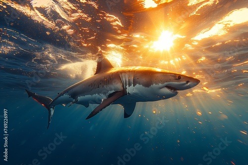 A Lamnidae shark, specifically a great white shark, with its iconic fin, swims gracefully underwater in the liquid realm of the ocean at sunset © RichWolf