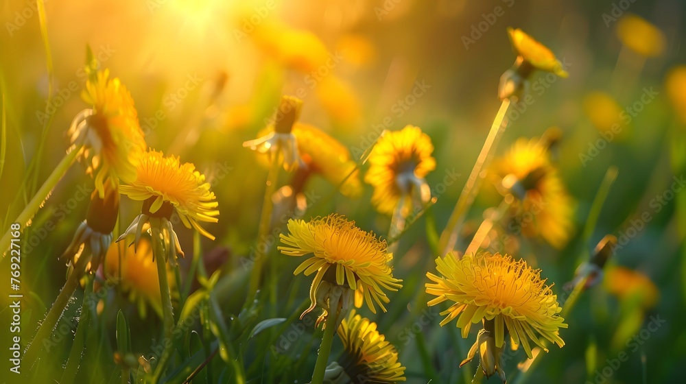 Beautiful flowers of yellow dandelions in nature in warm summer or spring on meadow in sunlight, macro. Dreamy artistic image of beauty of nature. Soft focus. Beautiful flowers of yellow dandelions in nature in warm summer or spring on meadow in sunlight, macro. Dreamy artistic image of beauty of nature. Soft focus.