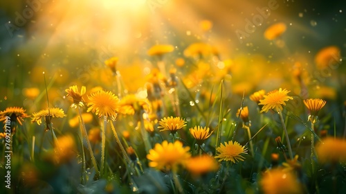 Beautiful flowers of yellow dandelions in nature in warm summer or spring on meadow in sunlight, macro. Dreamy artistic image of beauty of nature. Soft focus.  © Ziyan