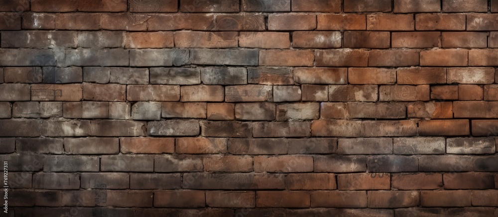 A detailed closeup of a brick wall showcasing the building material, brickwork, composite material, pattern, mortar, and stone wall texture with grass and soil visible in between the bricks - obrazy, fototapety, plakaty 