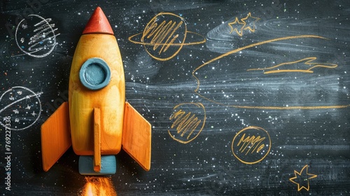 Rocketing Back to School: Sketch of a Rocket on Blackboard