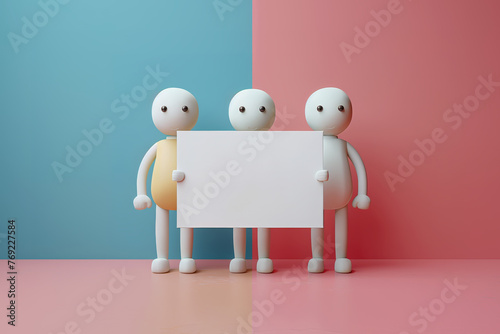 stick figures holding empty white card, minimalist illustration, mockup
