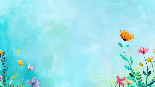 A vibrant, artistic background with stylized flowers in shades of orange, yellow, and pink set against a textured blue backdrop.