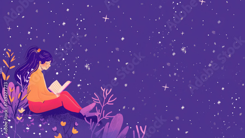 A serene illustration of a woman reading book surrounded by plants, stars, and whimsical atmosphere on purple background.