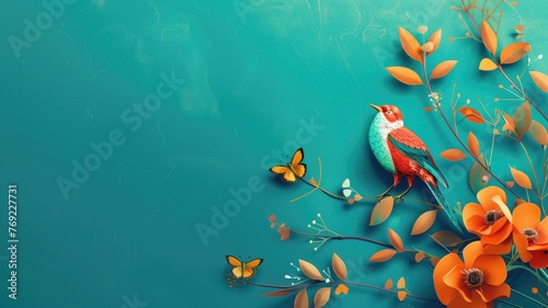 A vibrant bird with butterflies on a backdrop of orange flowers and teal background.