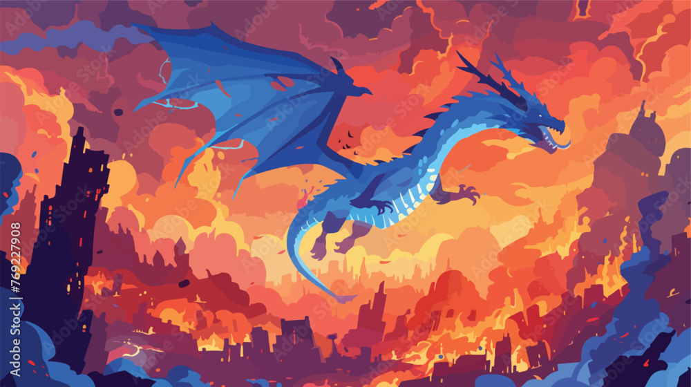 A dragon is flying and raging over a burning city