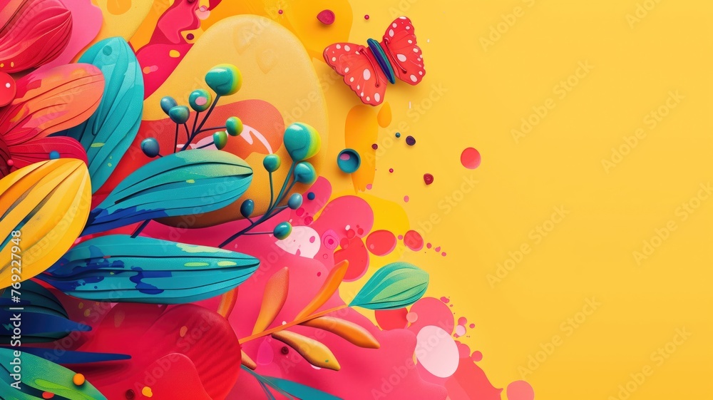 Bright and colorful digital artwork of flowers a butterfly on yellow background.