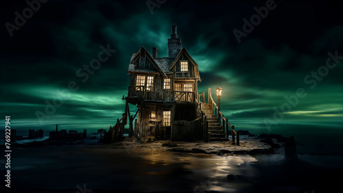 an illuminated haunted house on the sea beach at night with mystical light