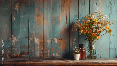 A rustic floral arrangement on a wooden table against distressed turquoise wall.