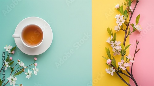 A cup of tea on a dual-tone background with blooming branch diagonally placed.