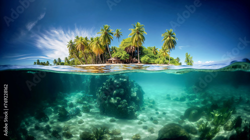 split photo of a Caribbean island with palm trees and the underwater world of the sea
