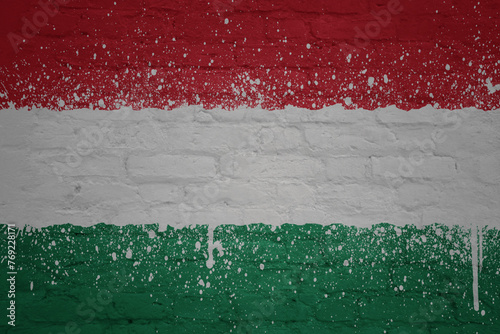 colorful painted big national flag of hungary on a massive brick wall
