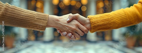 Two individuals are performing a handshake outside a wooden building. Their thumbs, fingers, and wrists are engaged in the gesture, showing unity and respect in this event