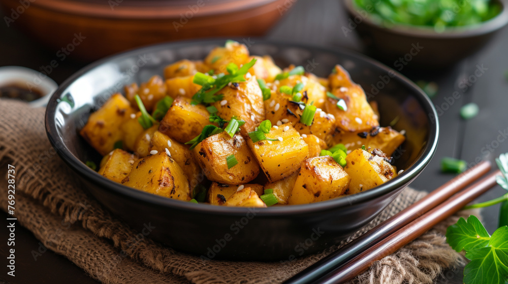 Potato Stir fried in black bowl and chopsticks. Generative Ai Potato Stir fried in black bowl and chopsticks. Generative Ai