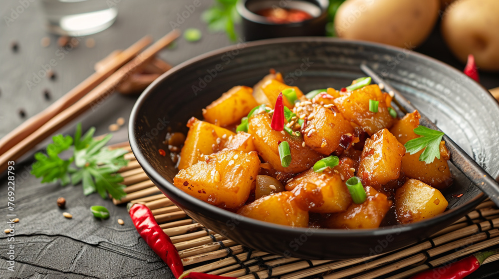 Potato Stir fried in black bowl and chopsticks. Generative Ai