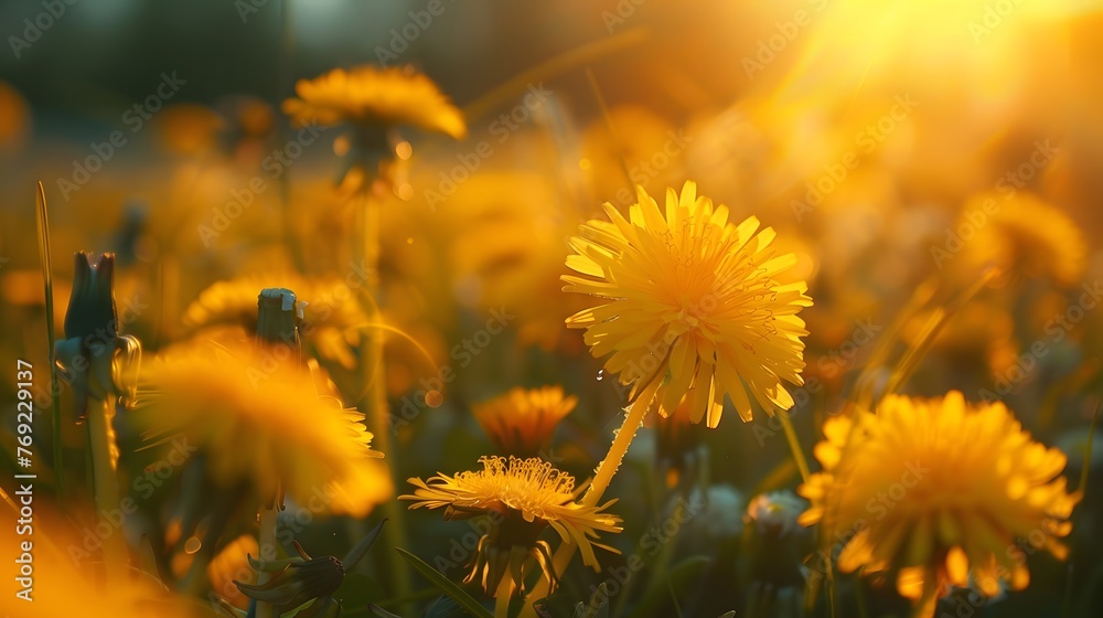Beautiful flowers of yellow dandelions in nature in warm summer or spring on meadow in sunlight, macro. Dreamy artistic image of beauty of nature. Soft focus. 