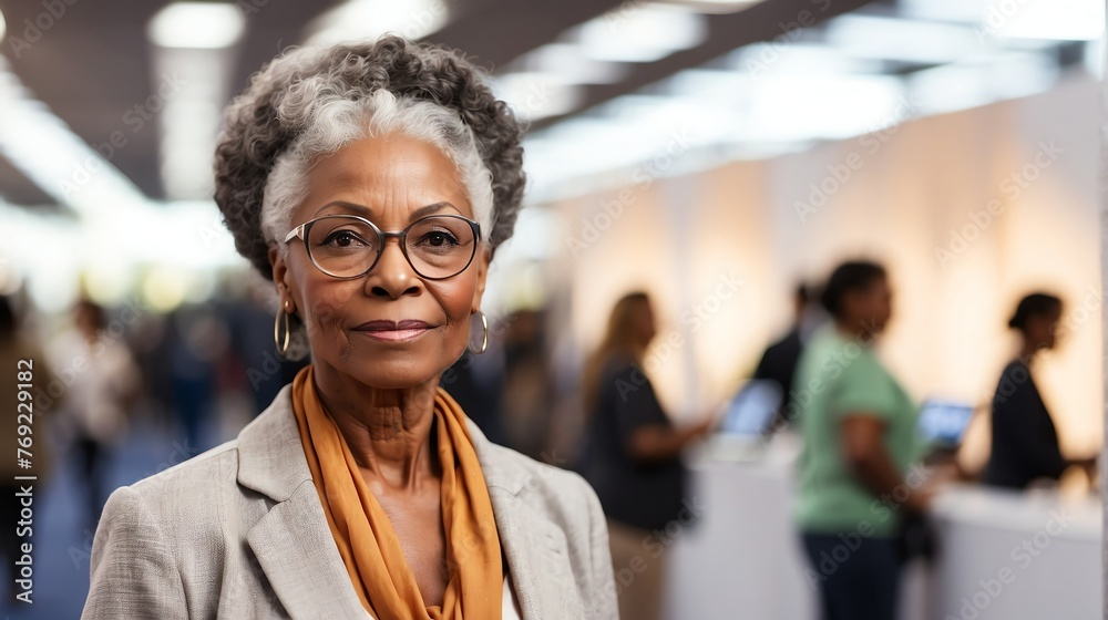 Beautiful elderly black african woman on work fair in exhibition hall job hunting looking at camera banner copy space template backdrop portrait from Generative AI - obrazy, fototapety, plakaty 