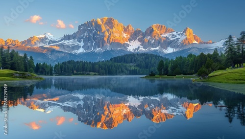 A picturesque natural landscape where a mountain is mirrored in a tranquil lake, framed by trees in the foreground, under a cloudy sky
