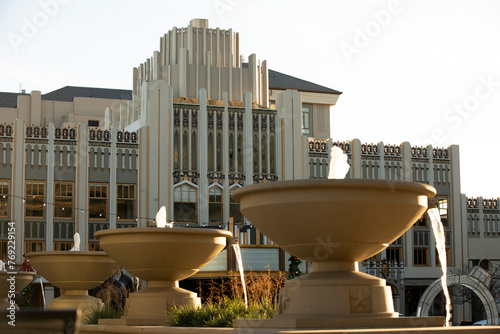 Sunlight light shines on historic downtown buildings of Redwood City, California, USA. photo