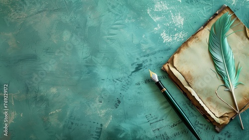 Vintage-inspired setup with a quill, ink pot, and parchment on textured teal background. photo