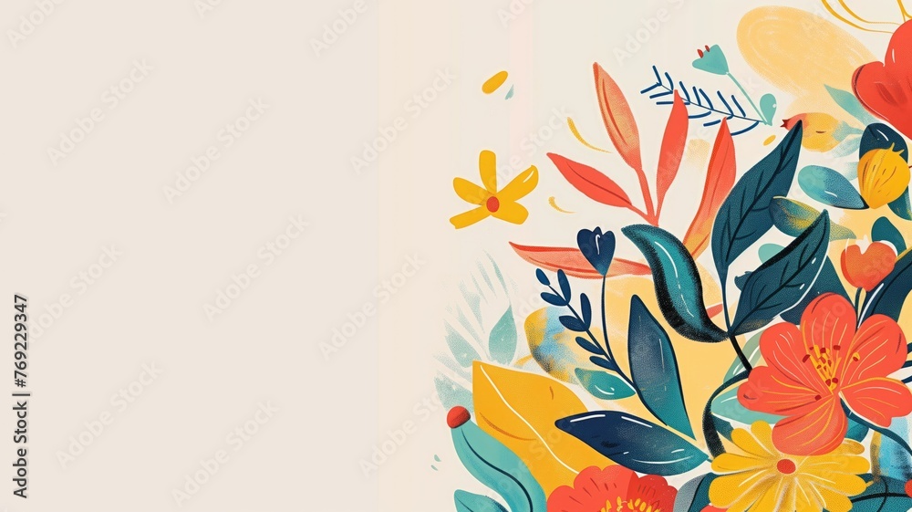 An artistic floral illustration with vivid colors on a beige background, featuring mix of blooms and leaves.