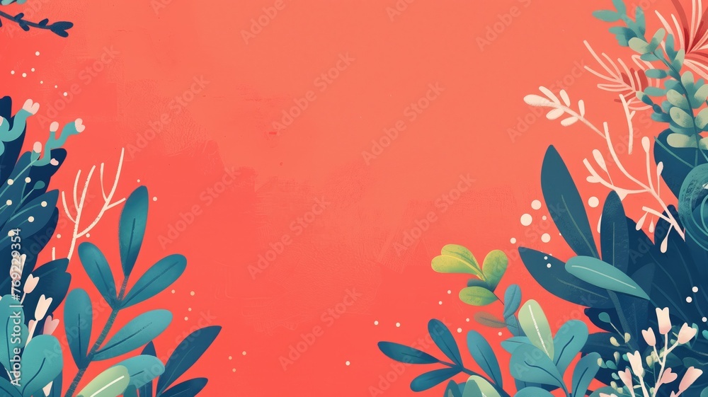 An illustrated image of vibrant, stylized foliage against a coral background with ample copy space in the center.