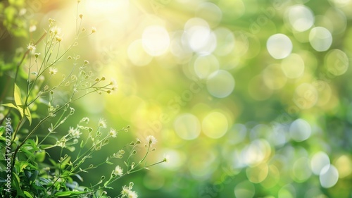 Sunlight filters through fresh green foliage with tiny white flowers, creating a serene, bokeh background.