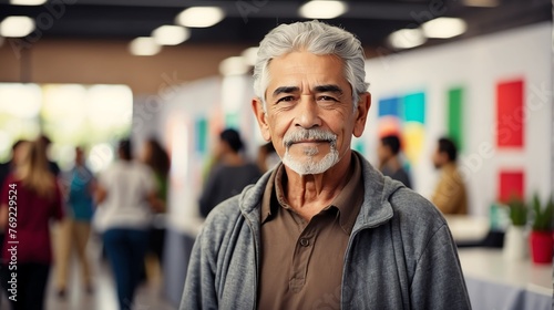 Handsome elderly mexican man on work fair in exhibition hall job hunting looking at camera banner copy space template backdrop portrait from Generative AI