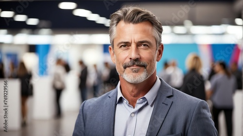 Handsome middle aged british man on work fair in exhibition hall job hunting looking at camera banner copy space template backdrop portrait from Generative AI photo