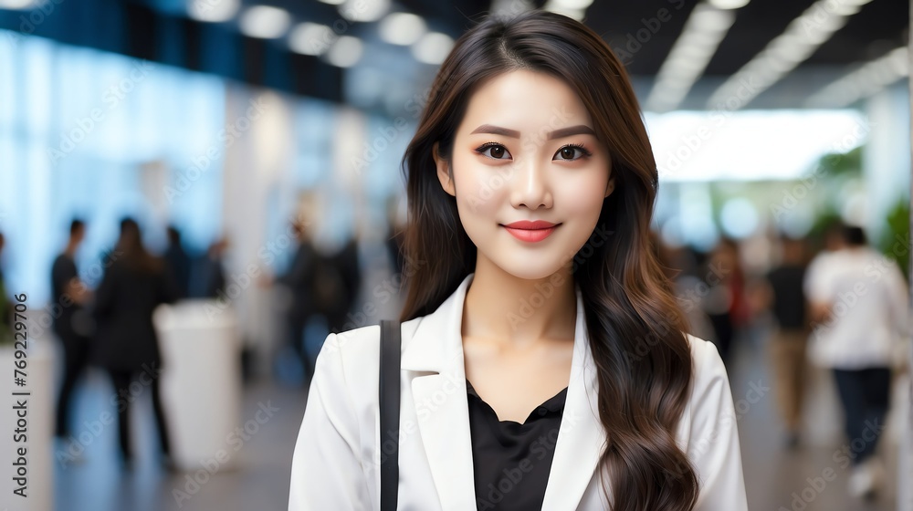 Young attractive asian girl on work fair in exhibition hall job hunting looking at camera banner copy space template bac from Generative AI Young attractive asian girl on work fair in exhibition hall job hunting looking at camera banner copy space template bac from Generative AI
