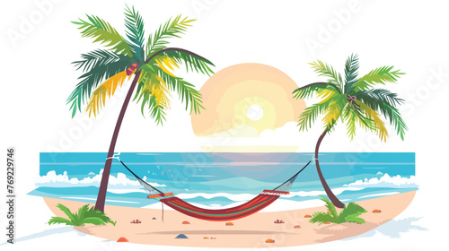 A serene beach with palm trees and a hammock