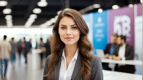 Young attractive brunette girl on work fair in exhibition hall job hunting looking at camera banner copy space template bac from Generative AI