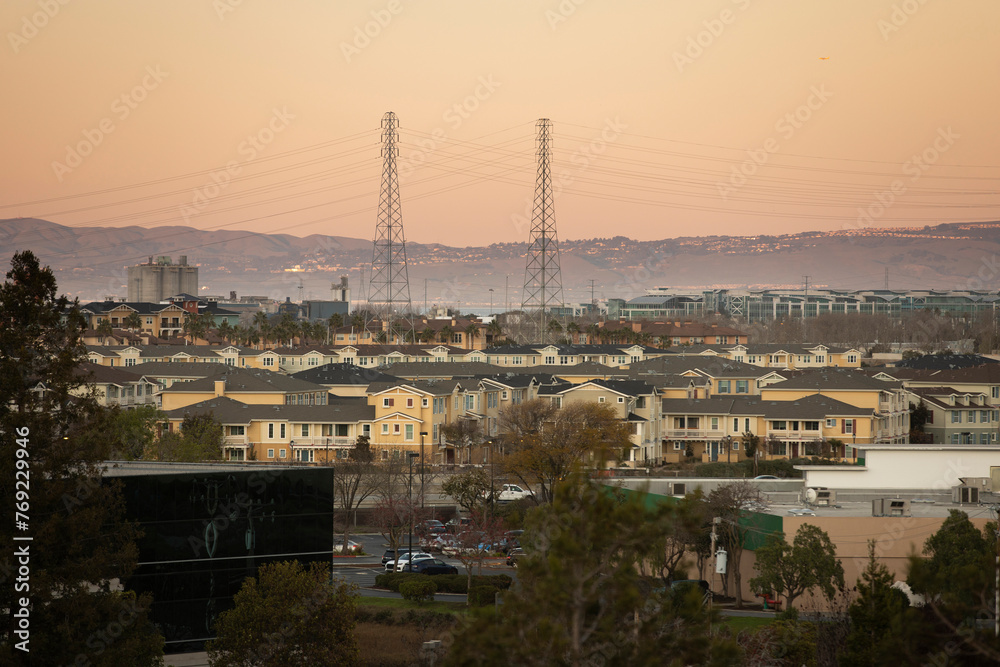 Sunset view of a dense housing neighborhood of Redwood City, California, USA.