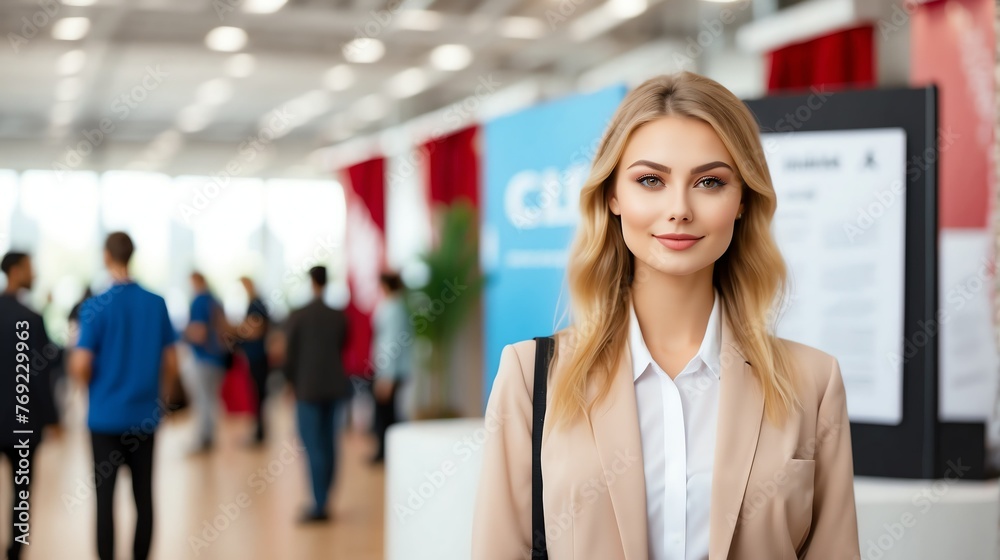 Young attractive russian girl on work fair in exhibition hall job hunting looking at camera banner copy space template bac from Generative AI