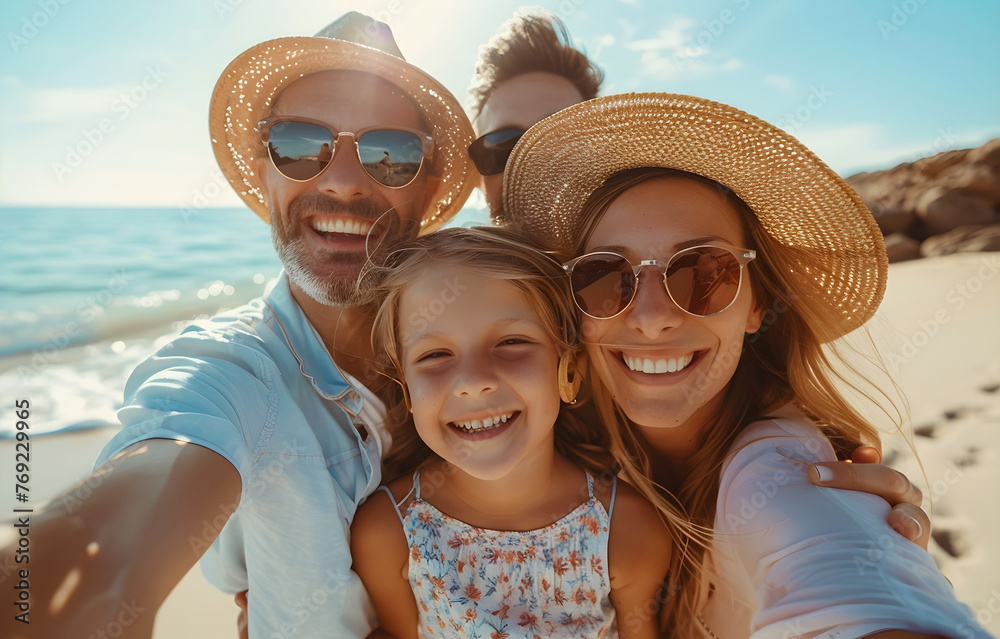 Capturing Memories: A Family's Joyous Selfie on the Beach at Sunset