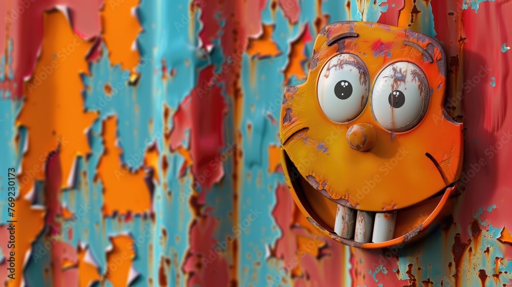Fototapeta premium A cheerful orange face with big eyes and teeth on a peeling blue red painted wall.