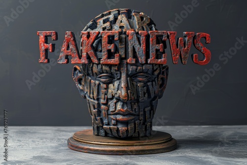A fake head with the words fake news written on it, symbolizing the manipulation and deception often associated with spreading false information