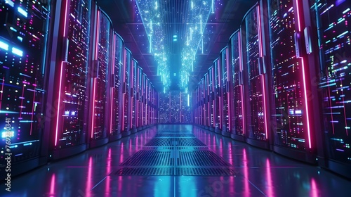 Futuristic Data Center Glowing with Neon Lights  A Vision of Advanced Technology and Cloud Computing