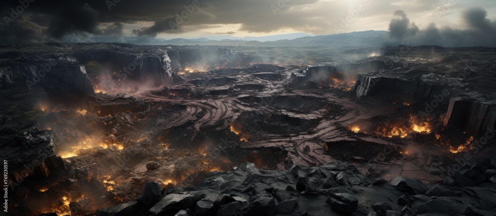 Panorama of a volcano crater and lava flow. - obrazy, fototapety, plakaty 