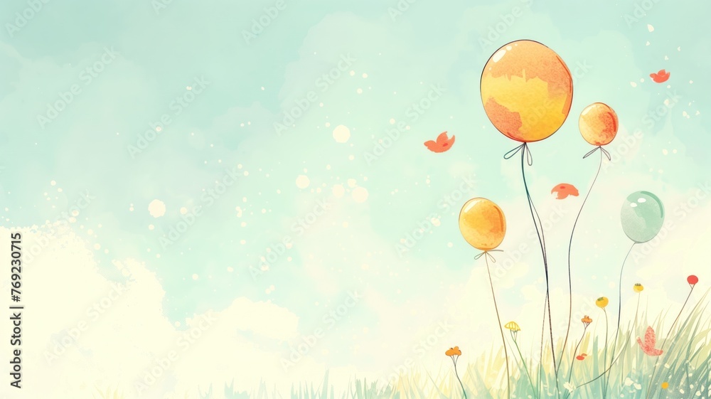 A whimsical illustration of colorful balloons soaring amid flowers against a pastel blue sky with flying birds.